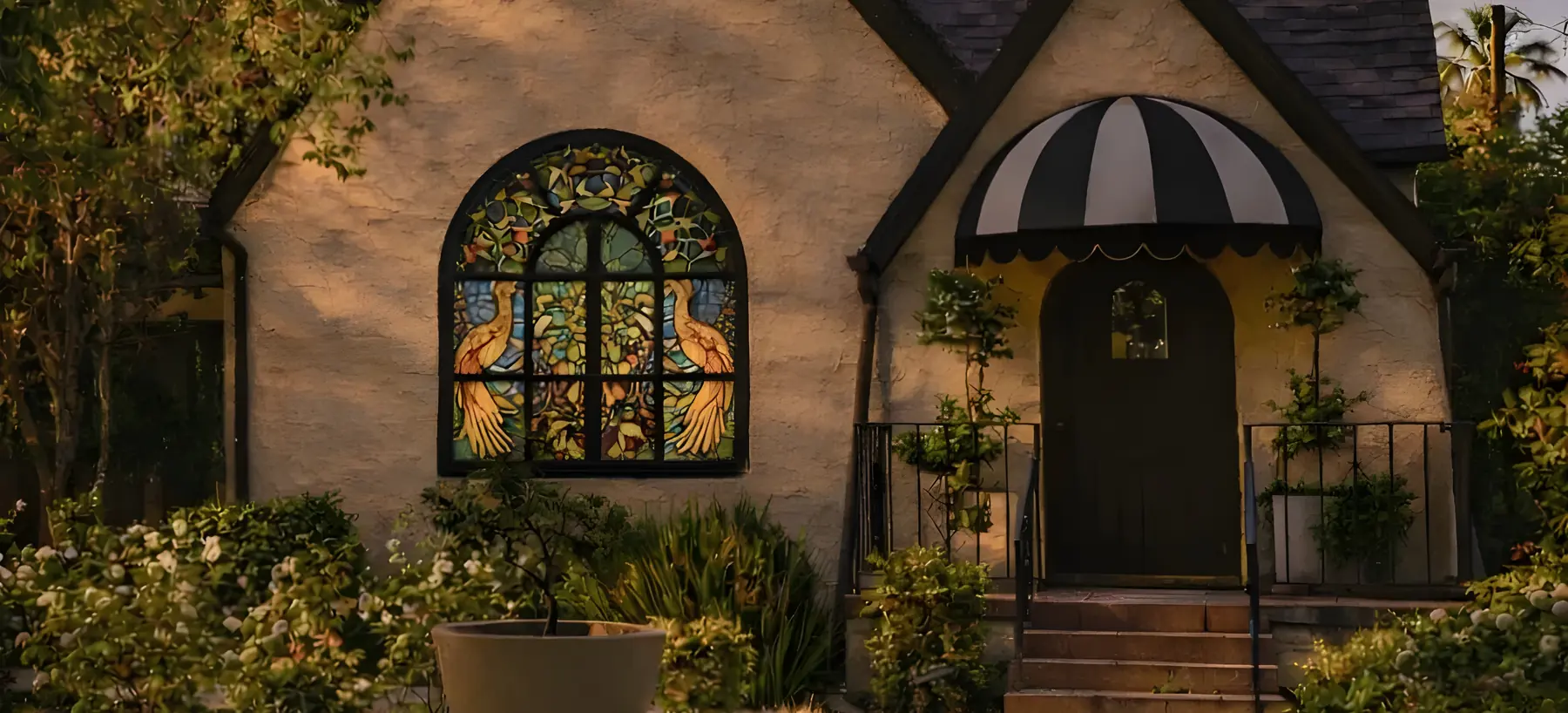 The practice at dusk, stained glass lit from within